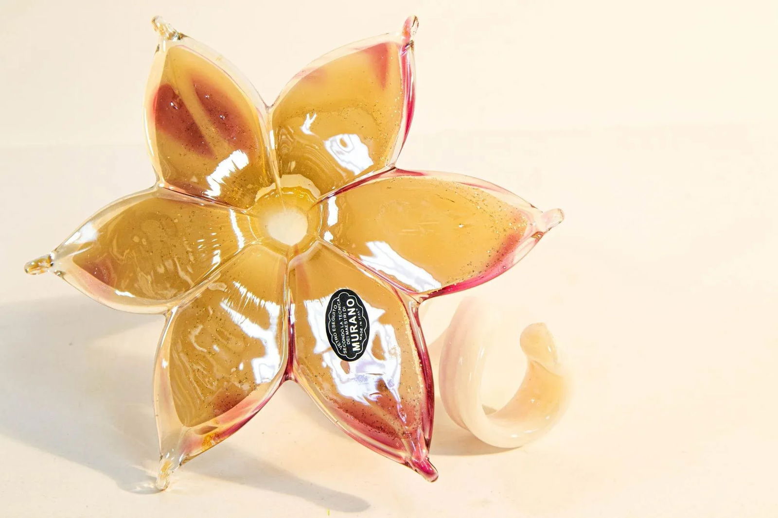 Murano Art Glass Paperweight Lily Shaped Flower With Curled Stem Italy - 2