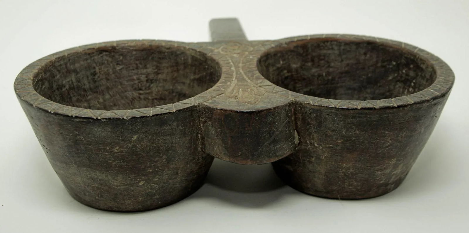 Antique Indian Teakwood Large Container With Rustic Carving and Spoon - 12