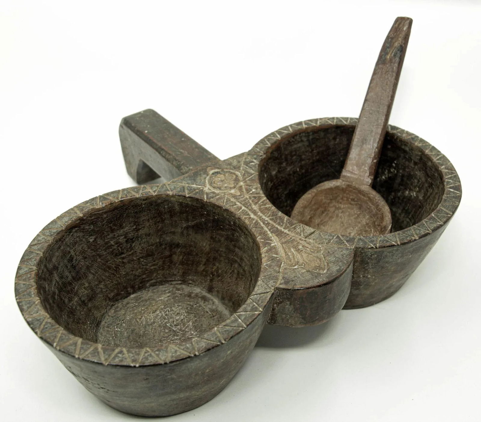 Antique Indian Teakwood Large Container With Rustic Carving and Spoon - 13