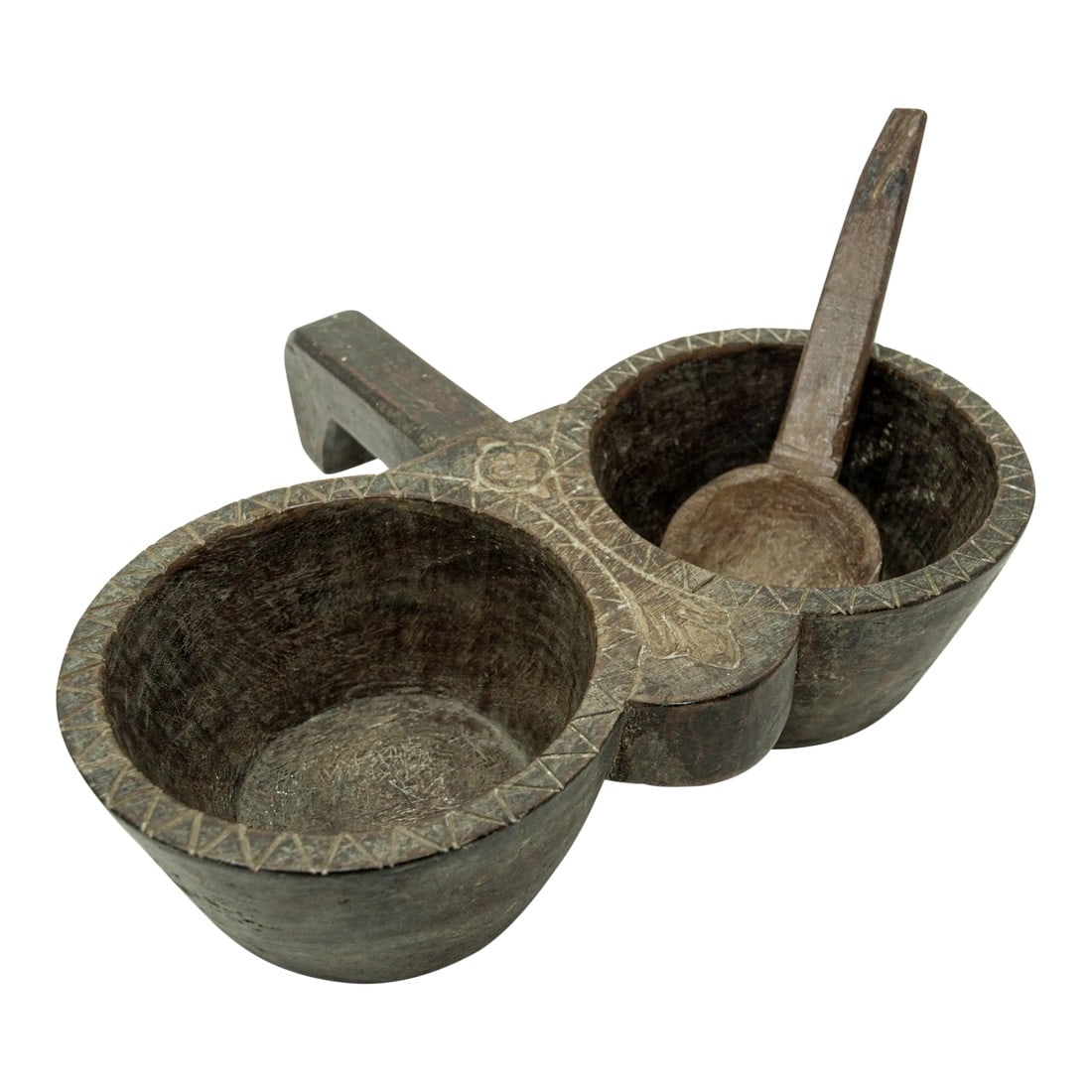Antique Indian Teakwood Large Container With Rustic Carving and Spoon: Antique Indian Teakwood spice container with rustic carving. Antique large primitive spice wood double container and spoon. Antique rustic hand carved wood double bowl with handle and wooden spoon.