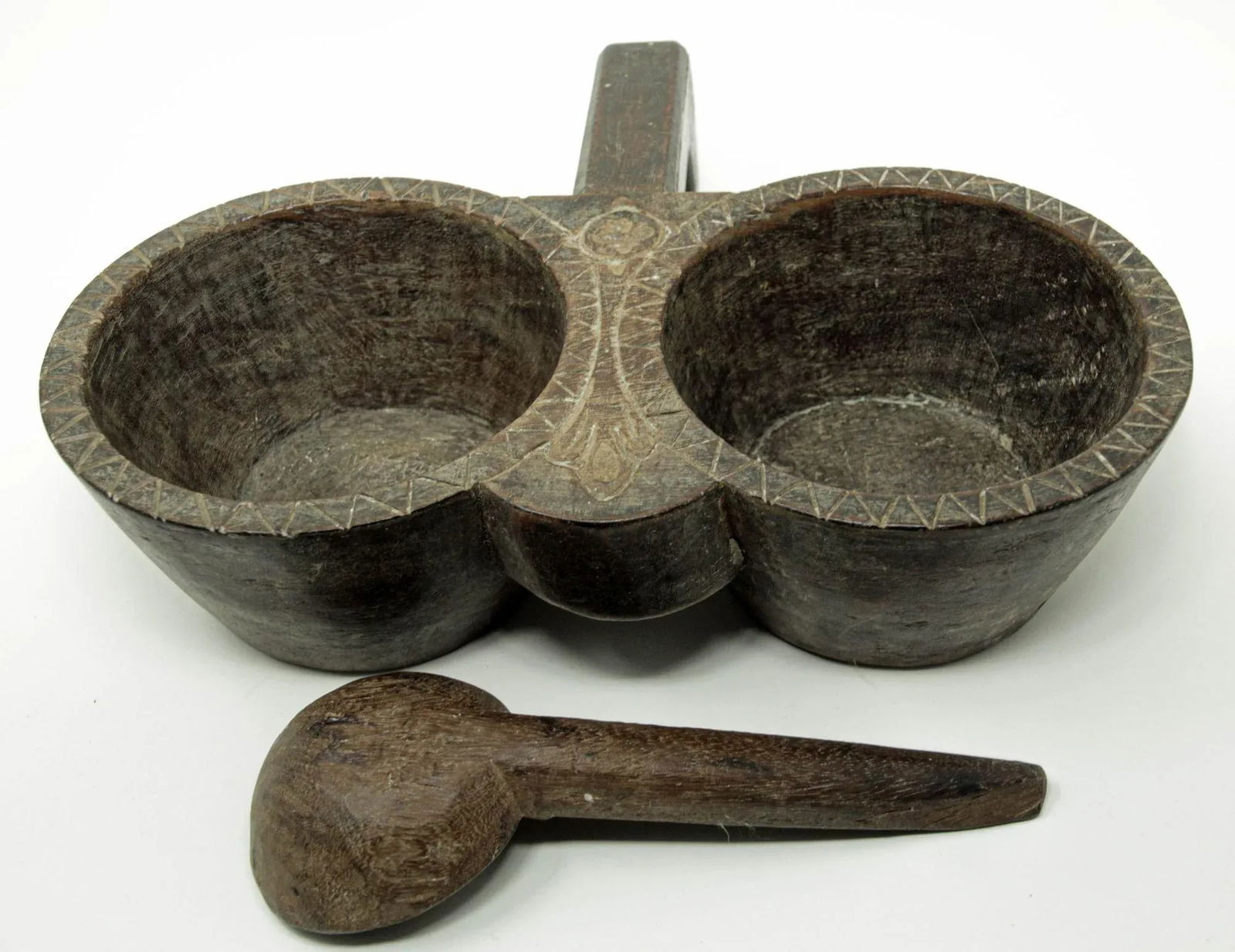 Antique Indian Teakwood Large Container With Rustic Carving and Spoon - 2