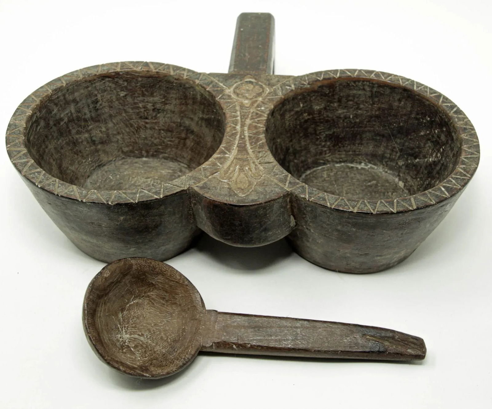 Antique Indian Teakwood Large Container With Rustic Carving and Spoon - 3