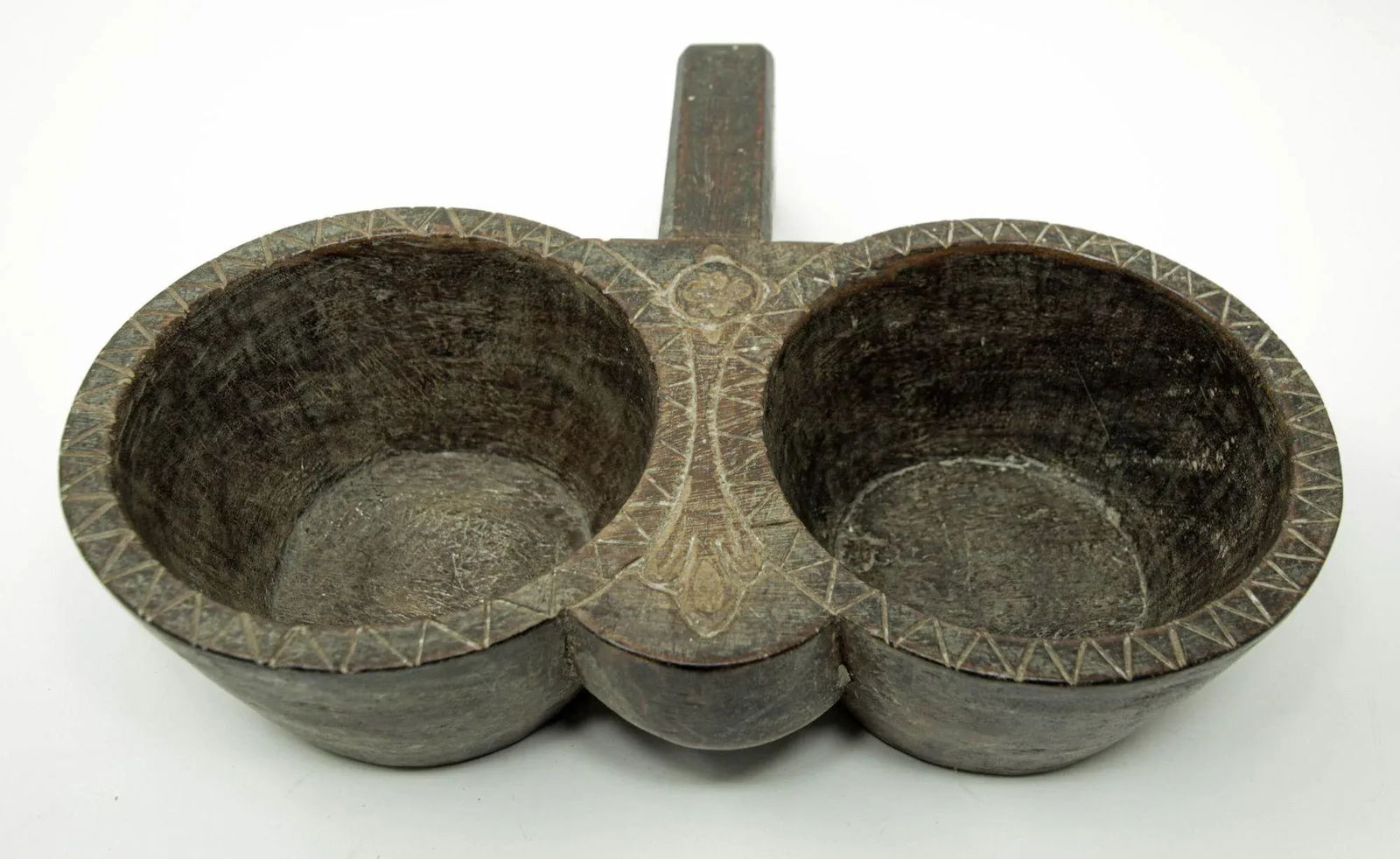 Antique Indian Teakwood Large Container With Rustic Carving and Spoon - 4