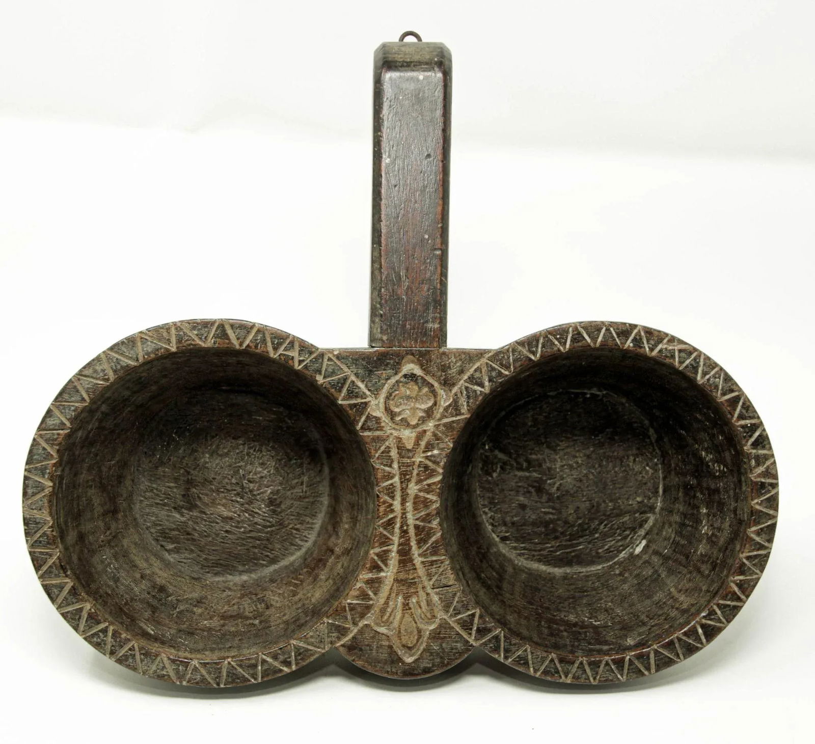 Antique Indian Teakwood Large Container With Rustic Carving and Spoon - 7