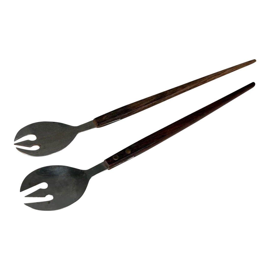 1960s Japanese Midcentury Modern Stainless Salad Serving Set Utensils: AMBIANIC presents Japanese Midcentury Modern Salad Serving Set Utensils Stainless Steel Wood Stamped 12.88 x 2 x .5 Original vintage condition unrestored See images provided. Condition: Alterations: O