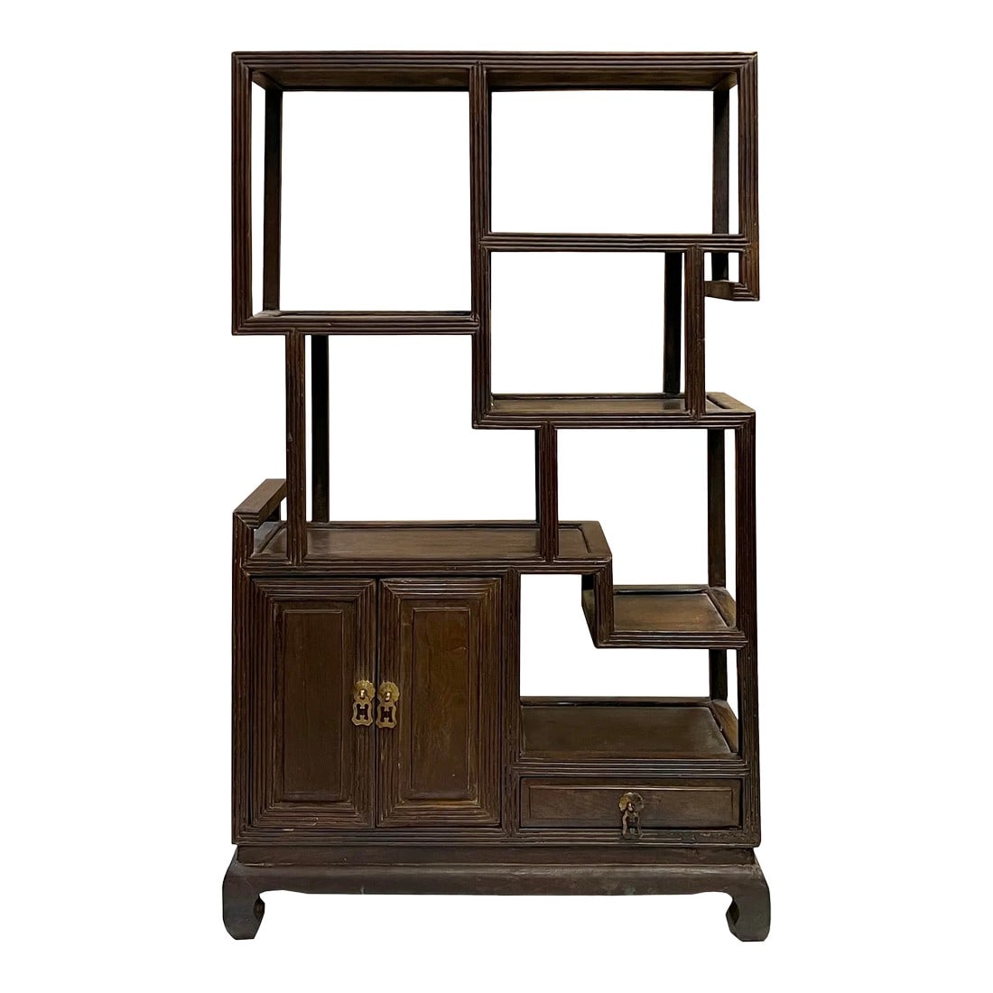 Chinese Vintage Solid Wood Curio Desktop Display Chest Stand: This is a traditional Chinese desktop display stand for small items collection. It is made of Chinese solid old which has a natural brown wood grain pattern color and dense texture. The display is