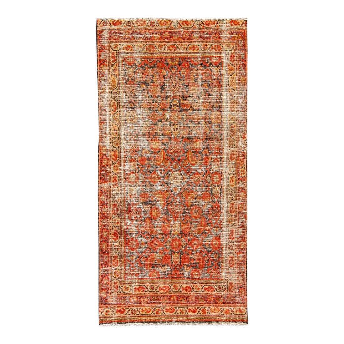 1960s Vintage Persian Distressed Handmade All-Over Red Wool Rug: Beautiful vintage Persian distressed hand-knotted wool rug with an red color field. This piece has beige and brown accents in an all-over geometric medallion design. This rug measures: 3' x 6'2". 
