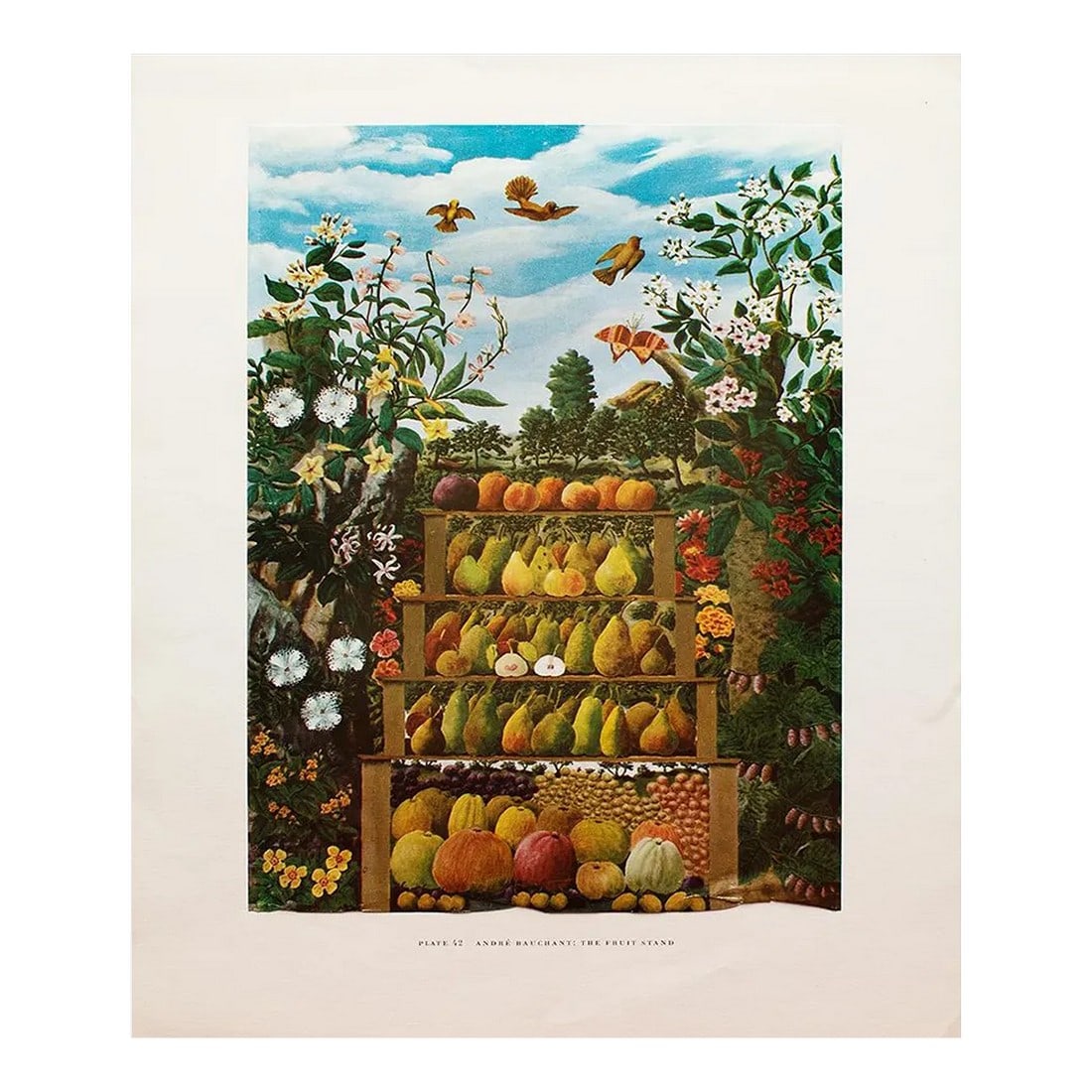 1950s After Andre Bauchant "The Fruit Stand", First Edition Swiss Full-Color Print: A rare vintage full-color print of "naÃ¯ve" painting "The Fruit Stand" by Andre Bauchant from a First Edition art folio of The Albert D. Lasker Collection. Printed in Switzerland in the
