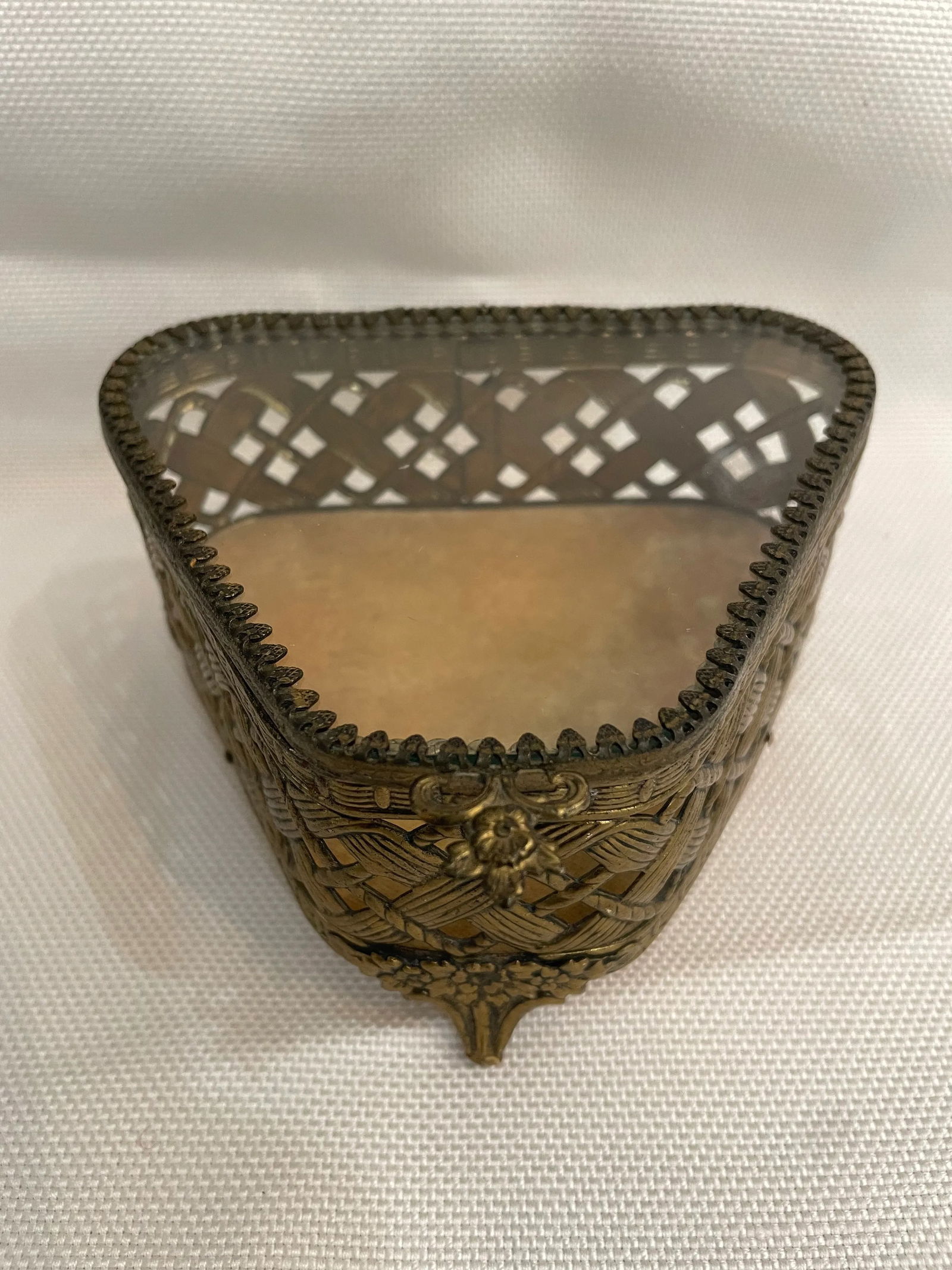 Vintage Filagree Brass Plated and Glass Footed Jewelry Box - 10