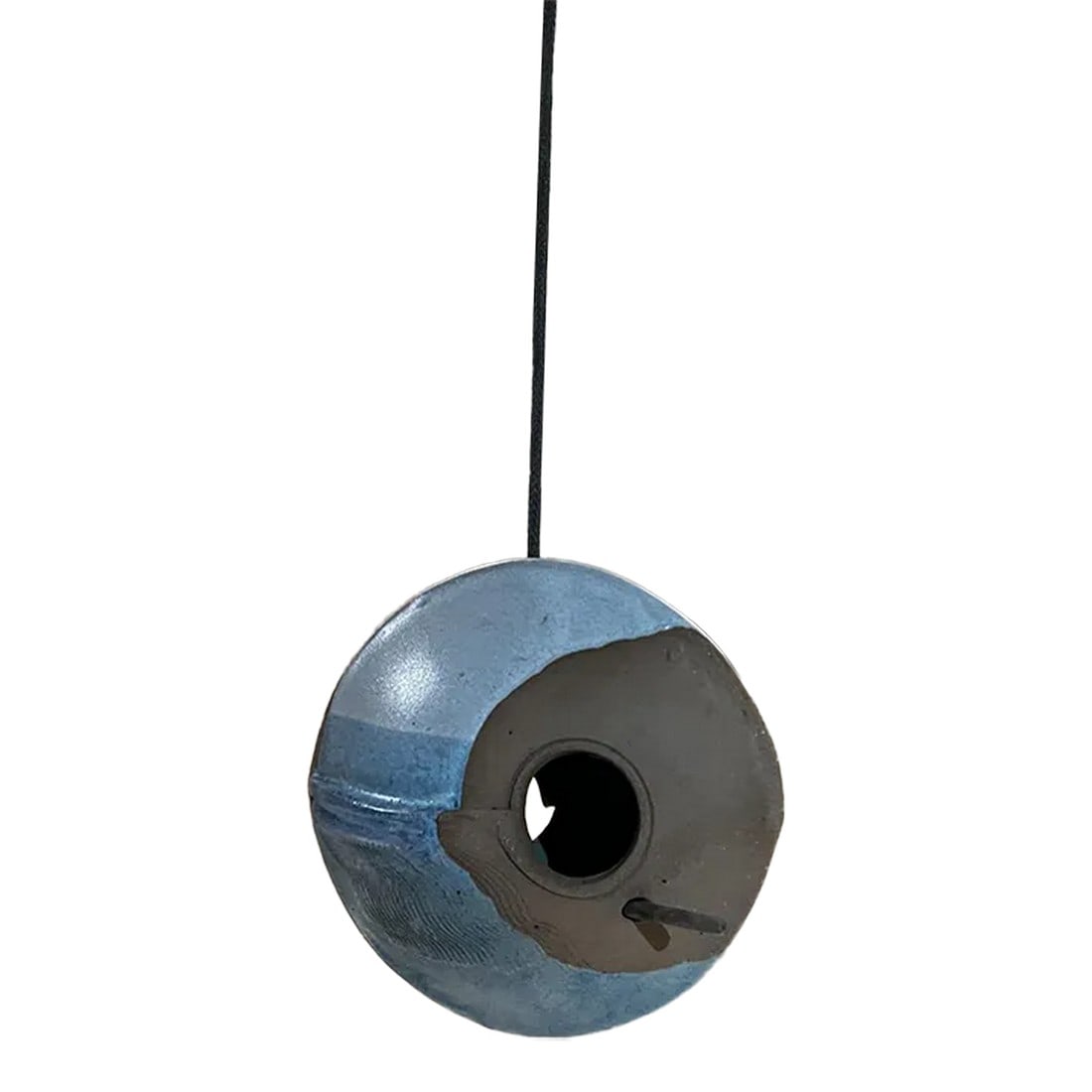 1960s Modernist Blue Bird Feeder Ceramic Art Pottery: For your consideration, a modernist bird feeder ceramic art pottery, USA circa the 1960s. Art Pottery MCM. Blue tones. Stamp on one side. Dimensions: 7 H (plus the cord) x 8 W x 4 D Please visit