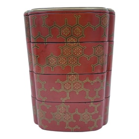 Antique Japanese Jubako 4-Tiered Bento Red Lacquerware Box