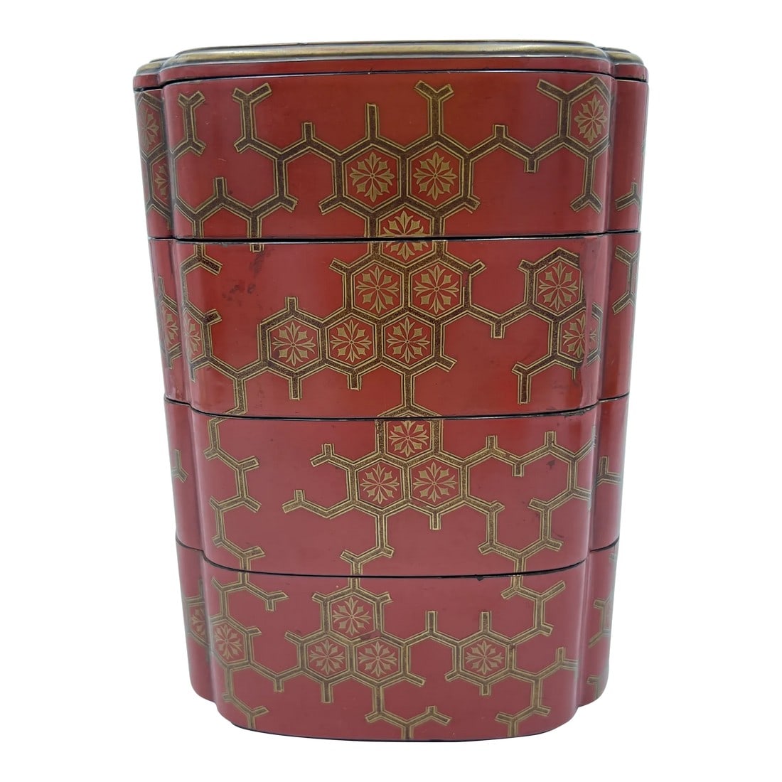 Antique Japanese Jubako 4-Tiered Bento Red Lacquerware Box: An antique Japanese red lacquerware bento box. Constructed in 5 pieces with 4 compartments, each having a gilt border, chromosomal style decoration to body and scalloped corners. Unmarked. 