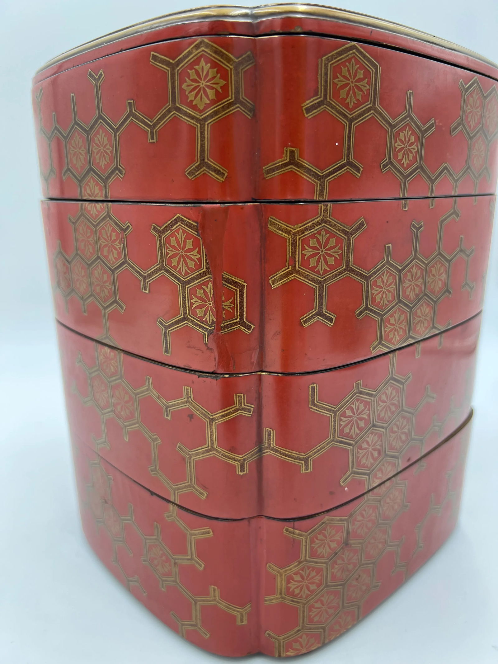 Antique Japanese Jubako 4-Tiered Bento Red Lacquerware Box - 5
