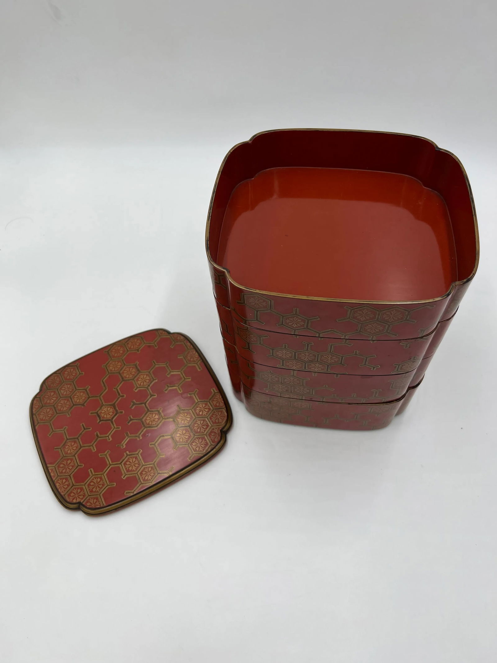 Antique Japanese Jubako 4-Tiered Bento Red Lacquerware Box - 6
