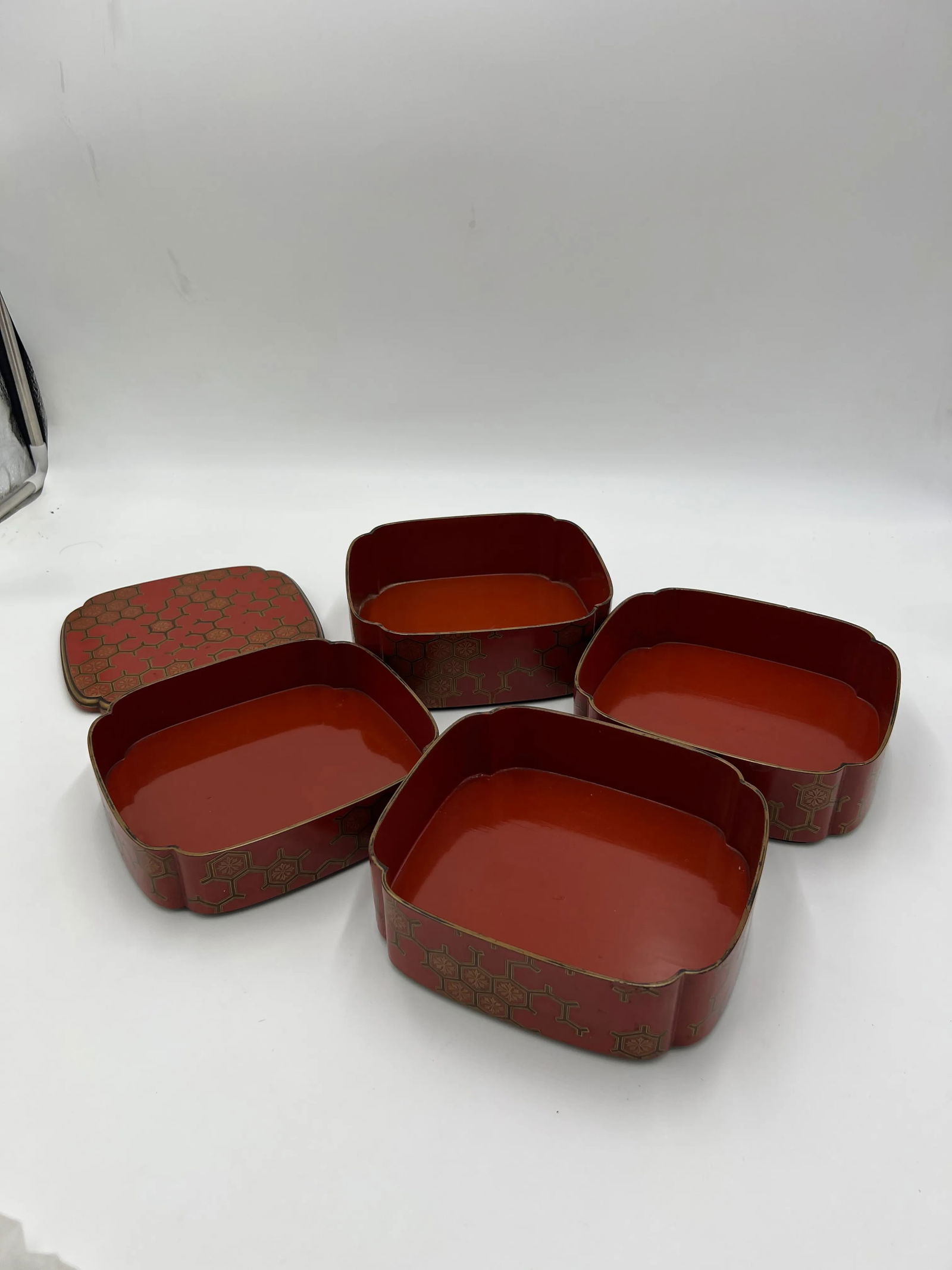 Antique Japanese Jubako 4-Tiered Bento Red Lacquerware Box - 7