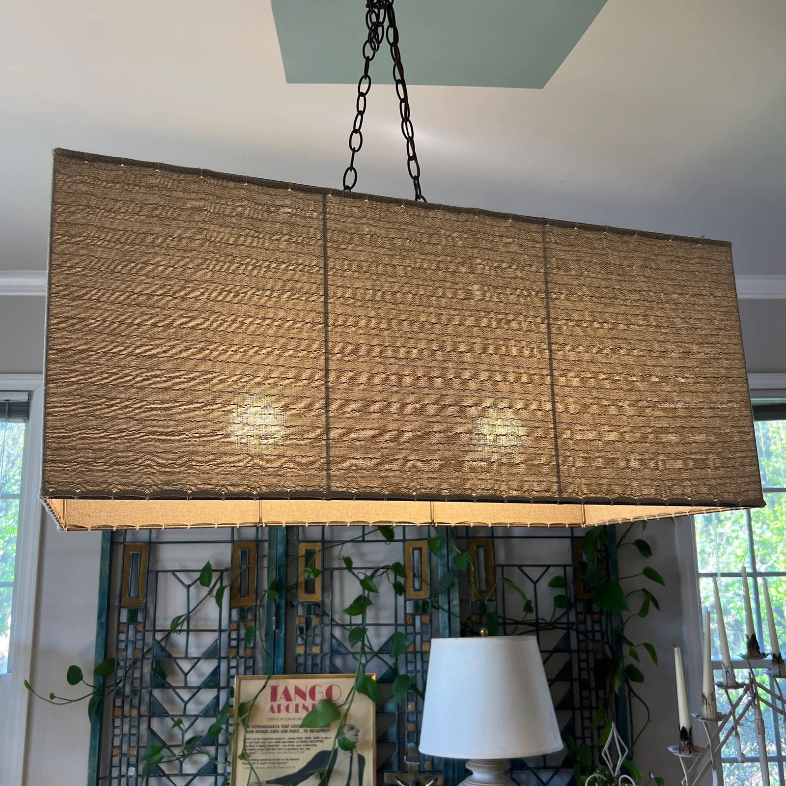Mid 20th Century Rectangular Minimalist Linen Chandelier With Double Bulb - 2