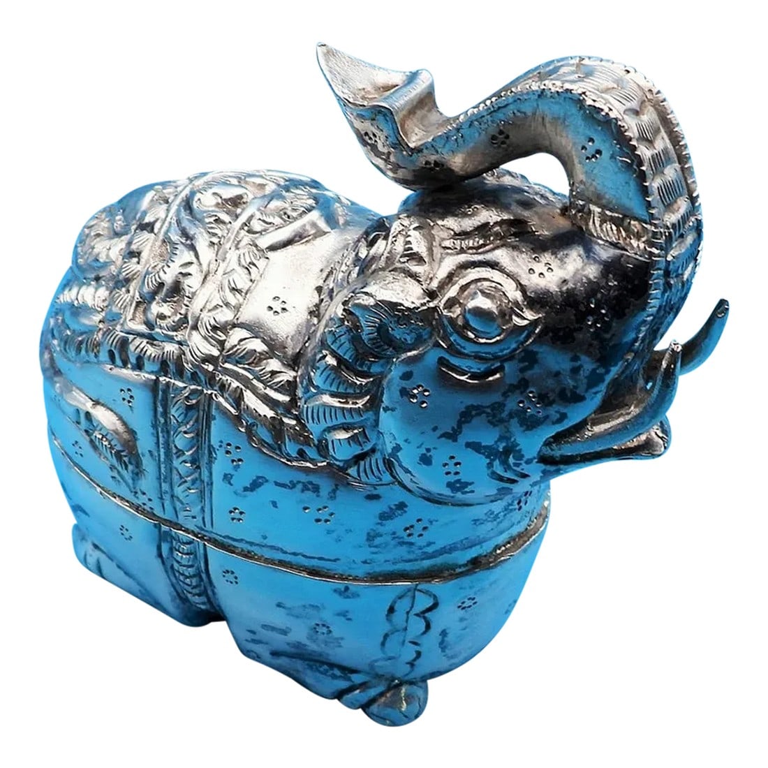 1940s South East Asia Fine Silver .500 Royal Elephant Shaped Box: This fabulous vintage South East Asia elephant shaped box is created in gorgeous .500 fine silver. This marvelous standing elephant has all the trappings of the Royal Elephant who symbolizes wisdom