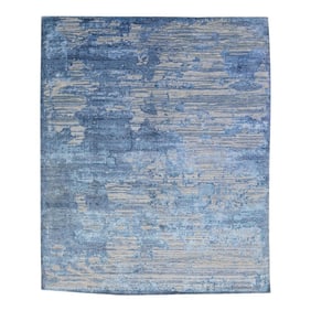 2010s Modern Abstract Wool & Silk Rug Handmade in Gray & Blue