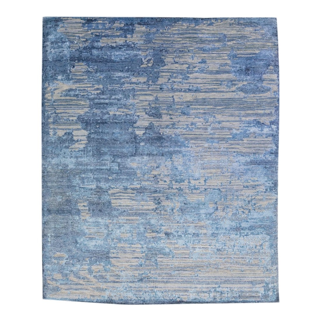 2010s Modern Abstract Wool & Silk Rug Handmade in Gray & Blue: This Indian wool and silk blend rug features a gray field with an abstract pattern detailing blue satin. Its composed materials provide robustness and longevity, while its ornamental design infuses