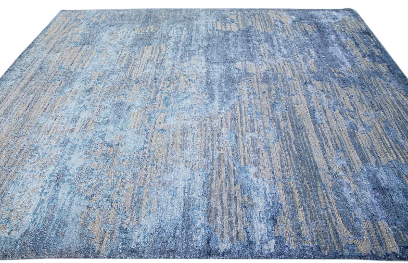 2010s Modern Abstract Wool & Silk Rug Handmade in Gray & Blue - 5