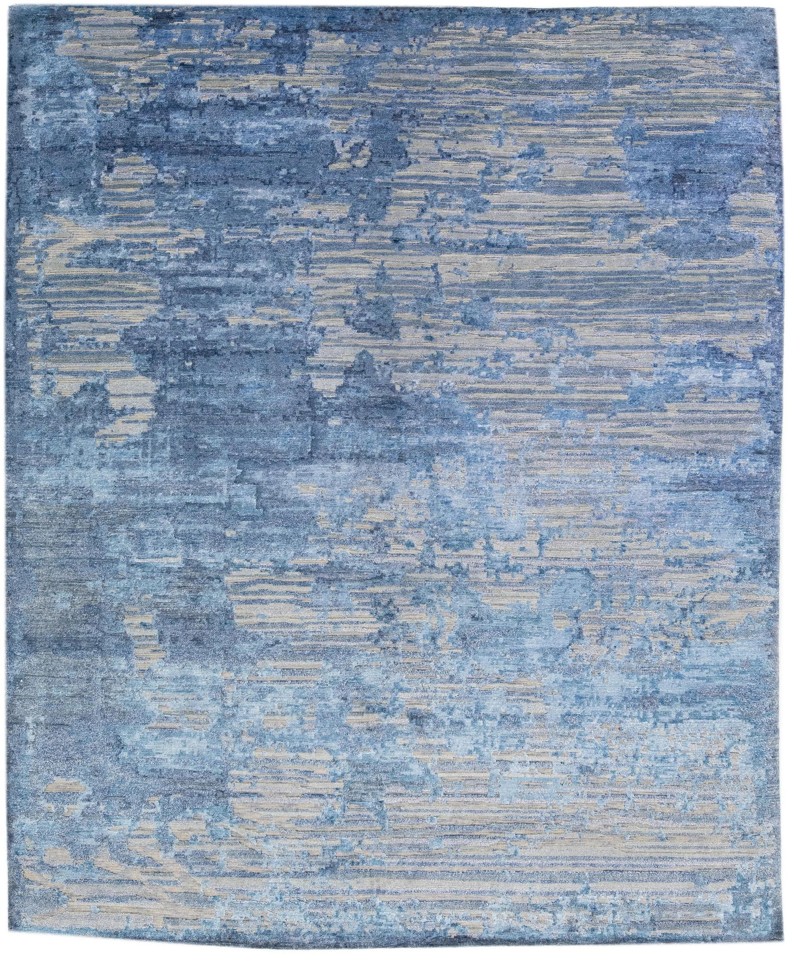2010s Modern Abstract Wool & Silk Rug Handmade in Gray & Blue - 7