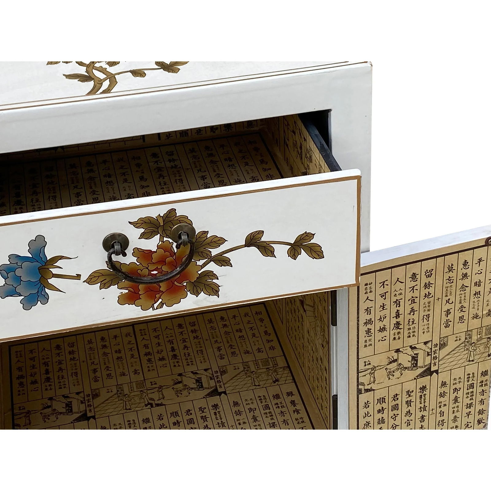Chinese Off White Vinyl Moon Face Flower Birds End Table Nightstand - 11