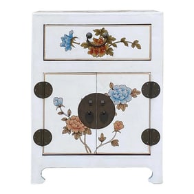 Chinese Off White Vinyl Moon Face Flower Birds End Table Nightstand