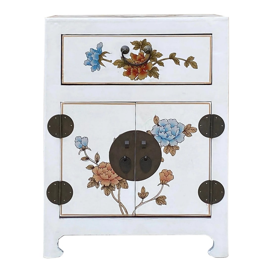 Chinese Off White Vinyl Moon Face Flower Birds End Table Nightstand: This is a simple end table nightstand made of wood and covered with a layer of vinyl. This is in off white base color with print oriental flower graphics. Inside is placed with Chinese calendar book c