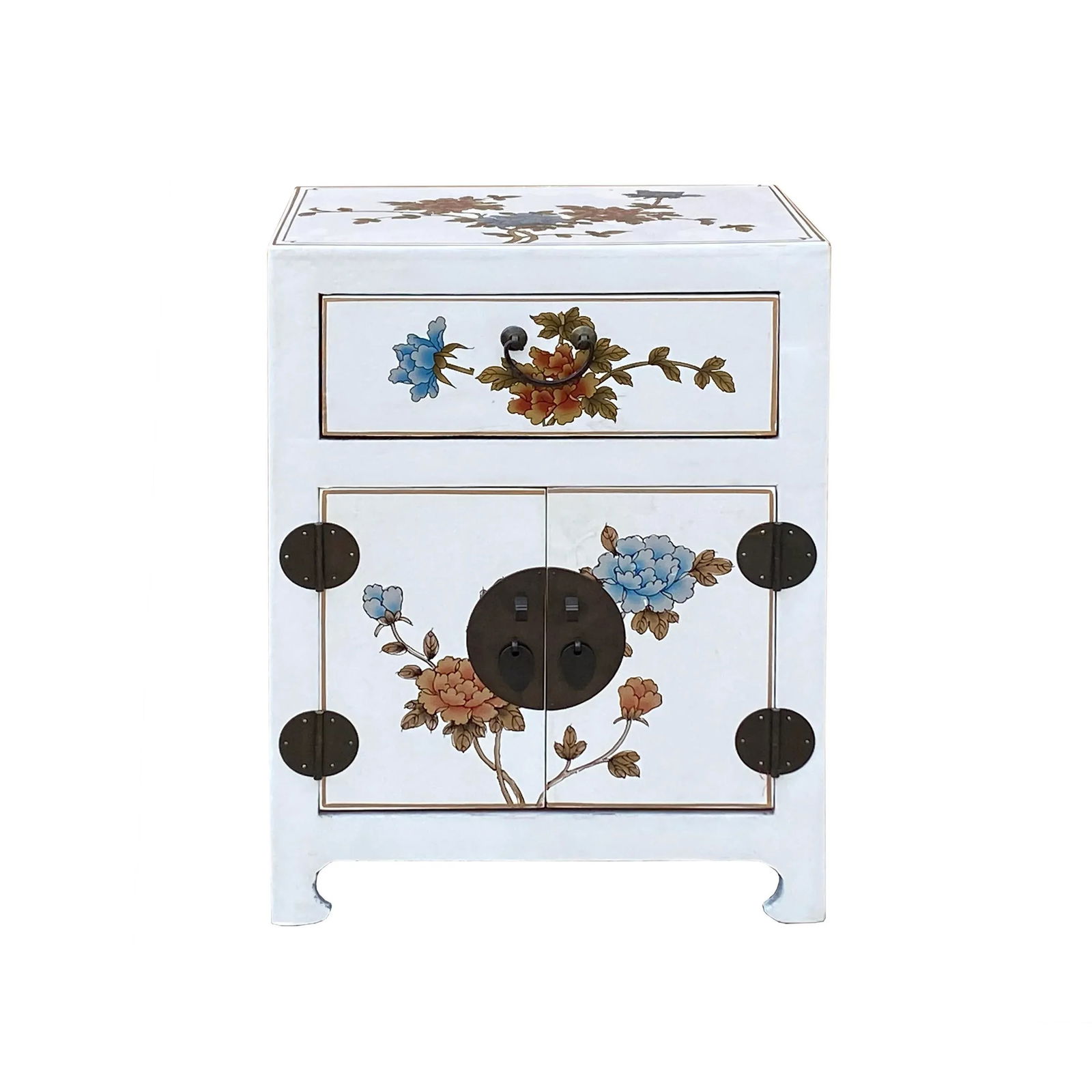 Chinese Off White Vinyl Moon Face Flower Birds End Table Nightstand - 3