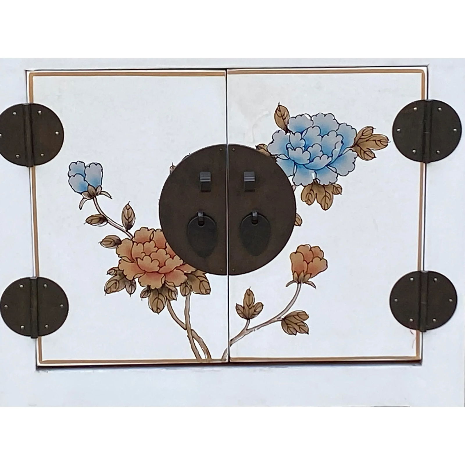 Chinese Off White Vinyl Moon Face Flower Birds End Table Nightstand - 5