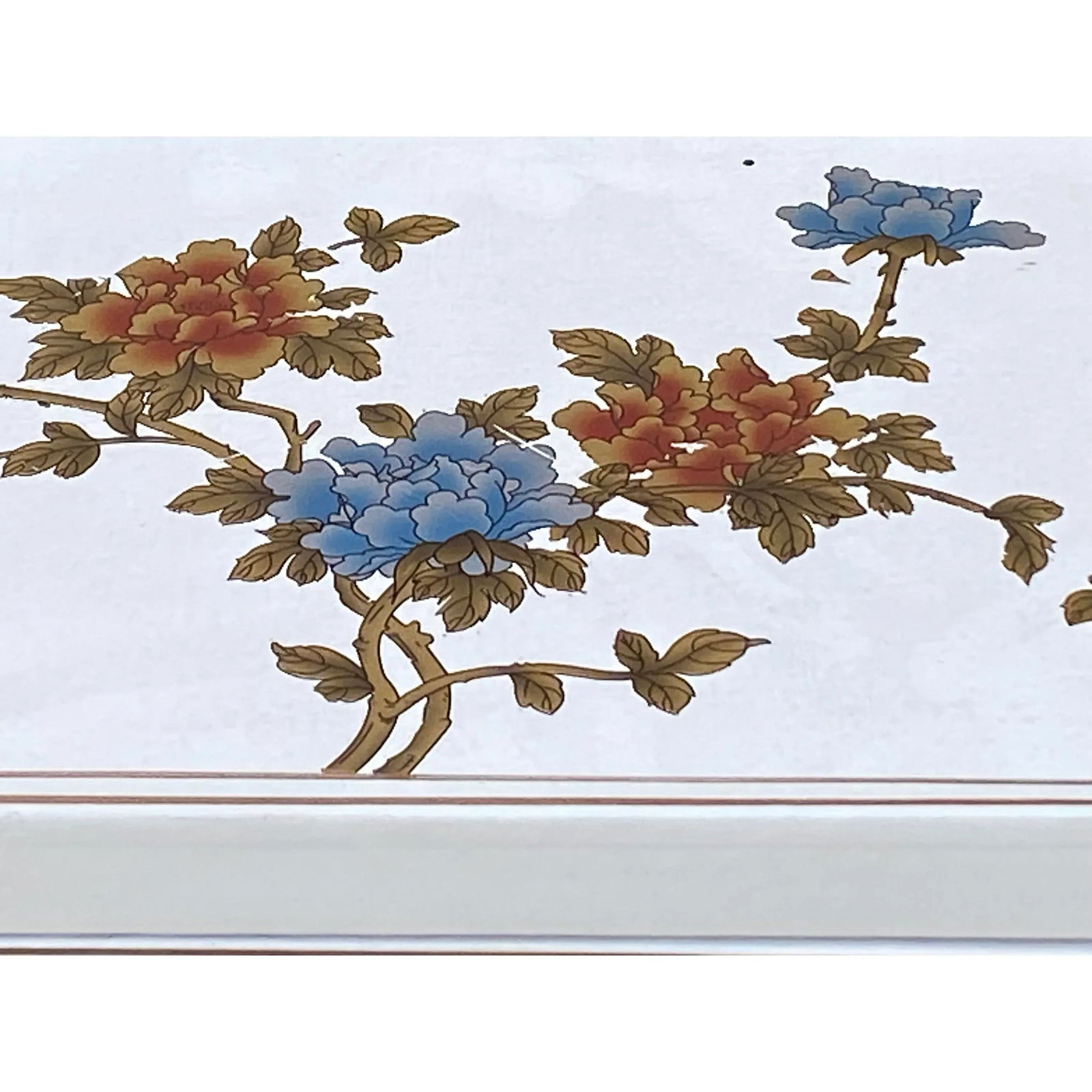 Chinese Off White Vinyl Moon Face Flower Birds End Table Nightstand - 6