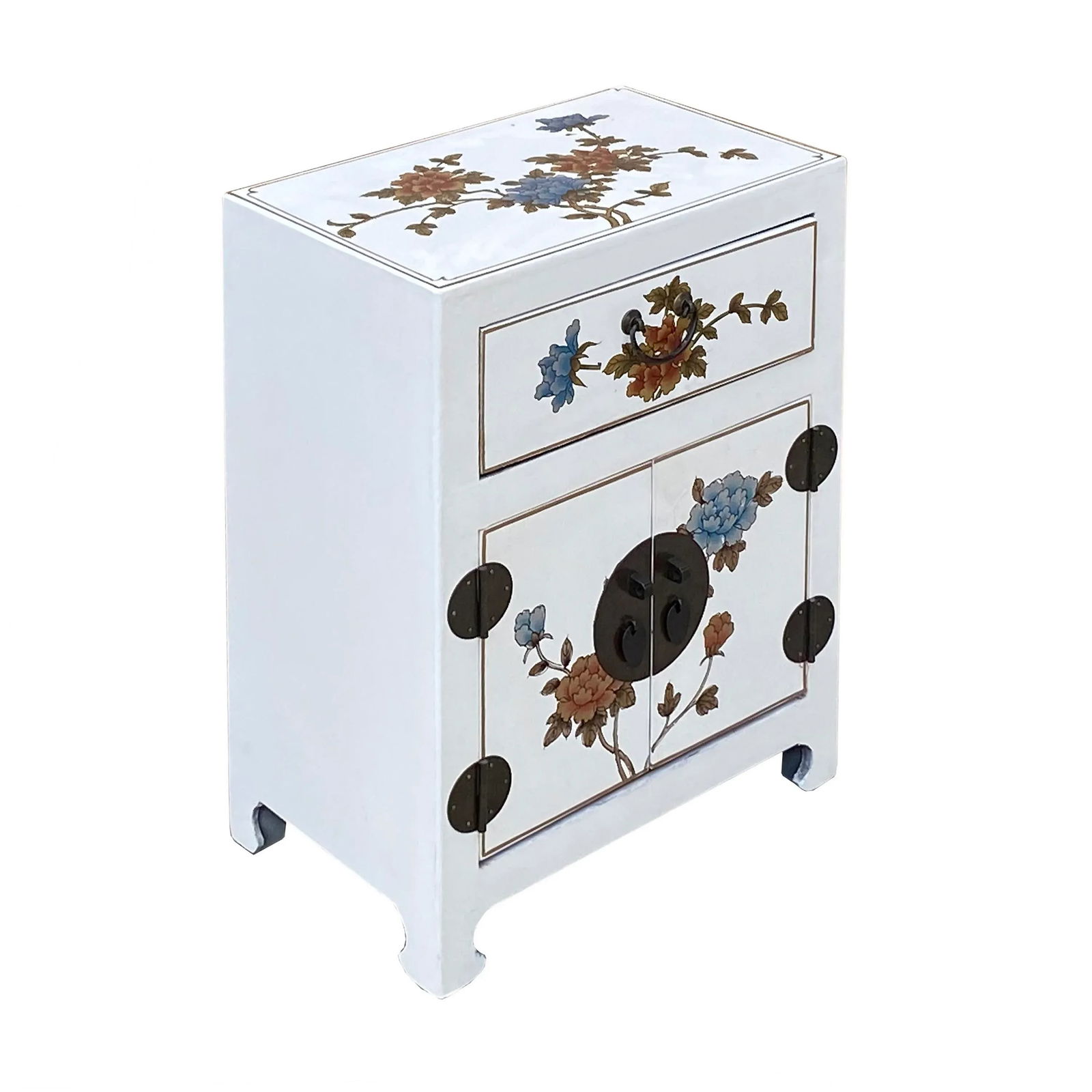 Chinese Off White Vinyl Moon Face Flower Birds End Table Nightstand - 7
