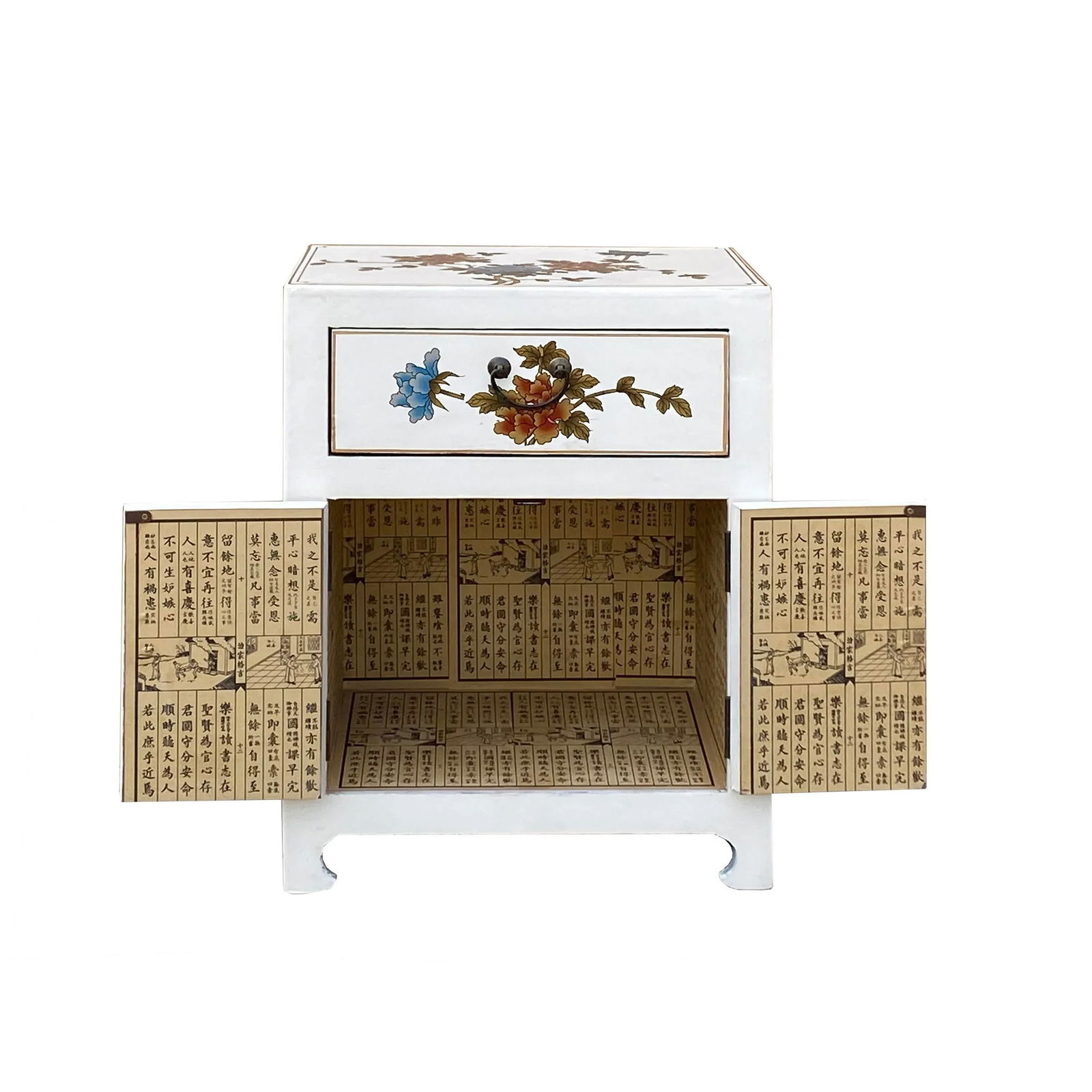 Chinese Off White Vinyl Moon Face Flower Birds End Table Nightstand - 9