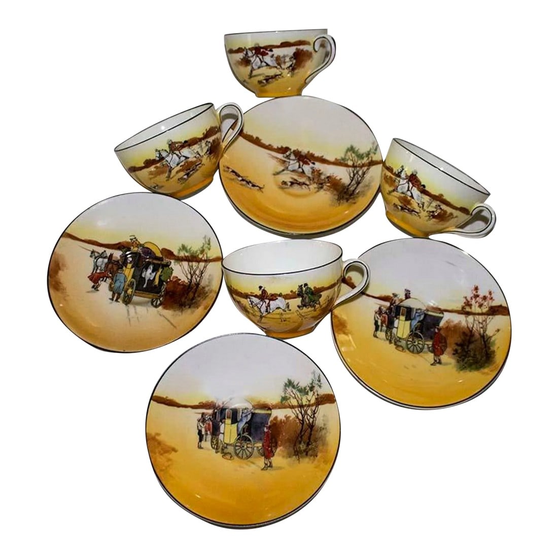 Royal Doulton Coaching Days Cups & Saucers - 4 Sets: Four sets of rare Royal Doulton Coaching Days cups & saucers. For those of you who collect this fine bone china pattern, you will know that RD made many, many different scenes. This set offers 4