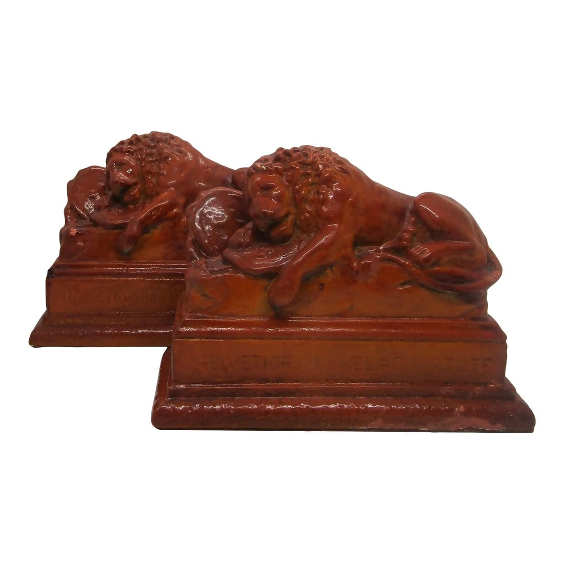 1950s Helvetiorum Fidei Ac Virtuti Chalkware Sculptures of Lion of Lucerne Bookends - a Pair: Helvetiorum Fidei ac Virtuti Chalkware Sculptures of Lion of Lucerne Bookends Each measures 8" long, 3 1/4" deep and 5 3/4" tall. Each weighs 3.8 pounds. Condition: Alterations: Original Condition