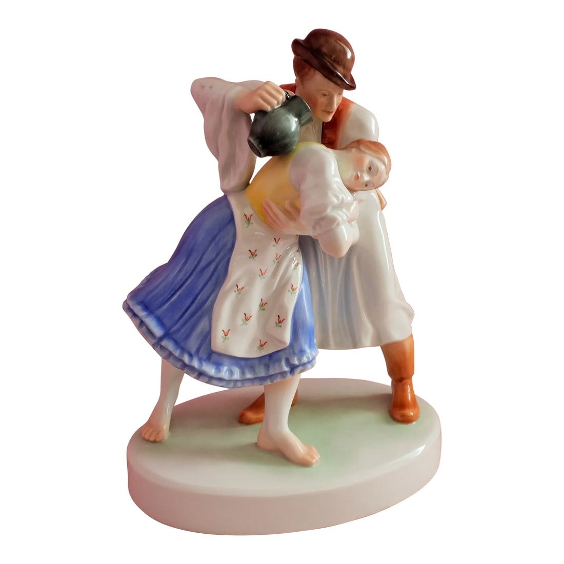 Herend Hungarian Easter Spring Ritual Romantic Courting Couple Figurine 5553 1920-1949: This marvelous Herend figurine was in production from 1920-1949 is created in gorgeous white porcelain with white, blue, red and brown painting and depict a young woman and man completing ritual hair