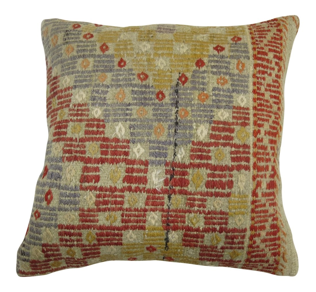 Mid 20th Century Turkish Flat-Weave Rug Pillow: Pillow made from a vintage turkish flatweave rug with cotton back. Zipper closure and foam insert provided. 19'' x 19'' Condition: Alterations: Original Condition Unaltered Imperfections: Some Imperfe