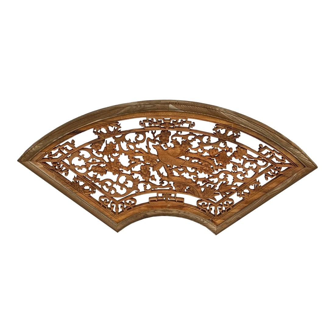 Chinese Fan Shape Birds Flowers Wood Wall Hanging Panel (1 of 6)