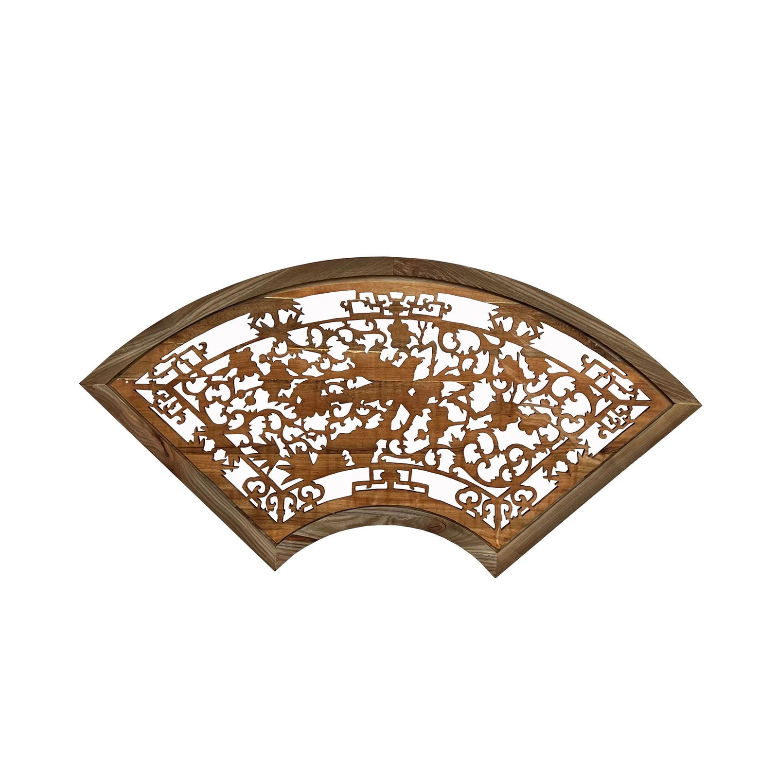 Chinese Fan Shape Birds Flowers Wood Wall Hanging Panel - 2