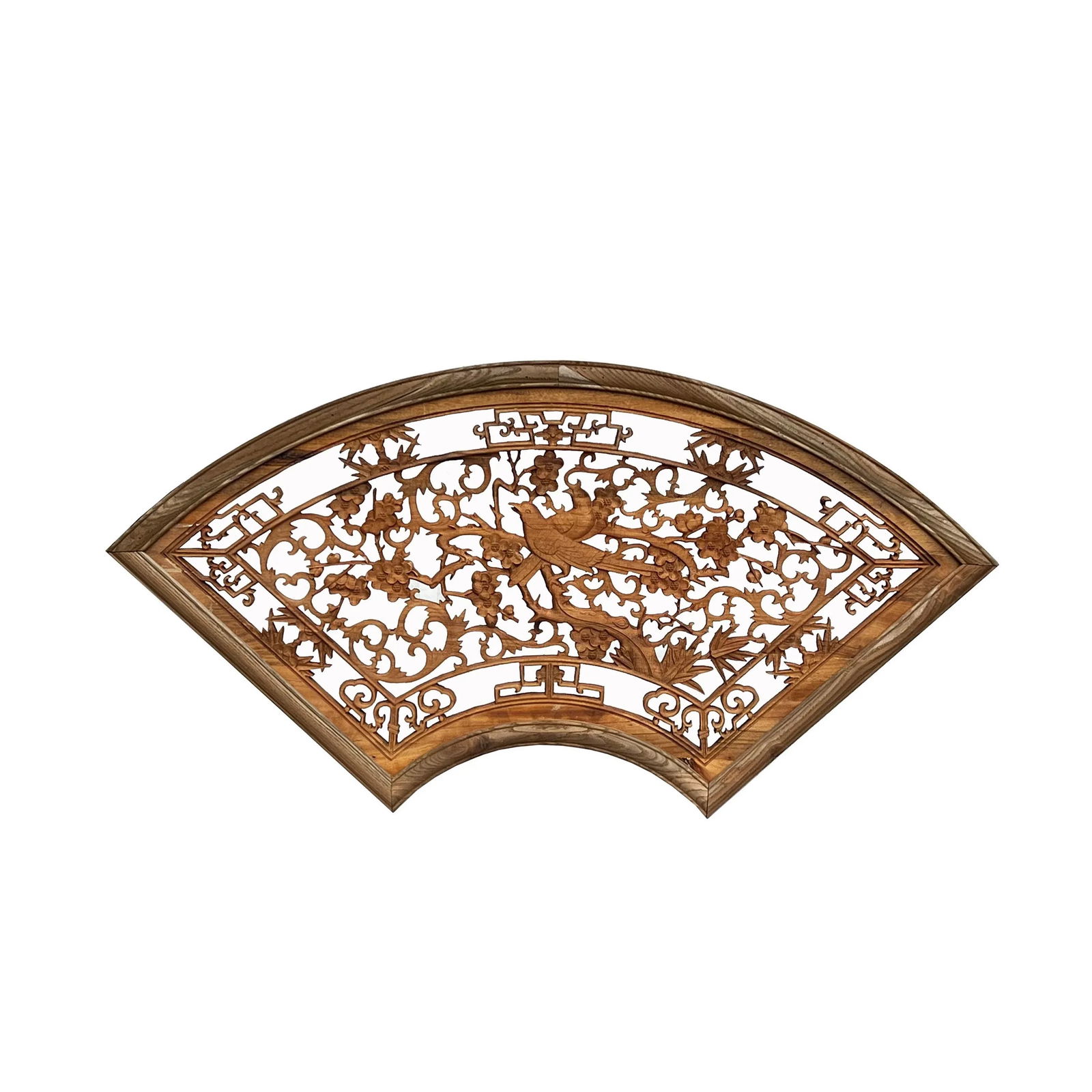 Chinese Fan Shape Birds Flowers Wood Wall Hanging Panel - 3