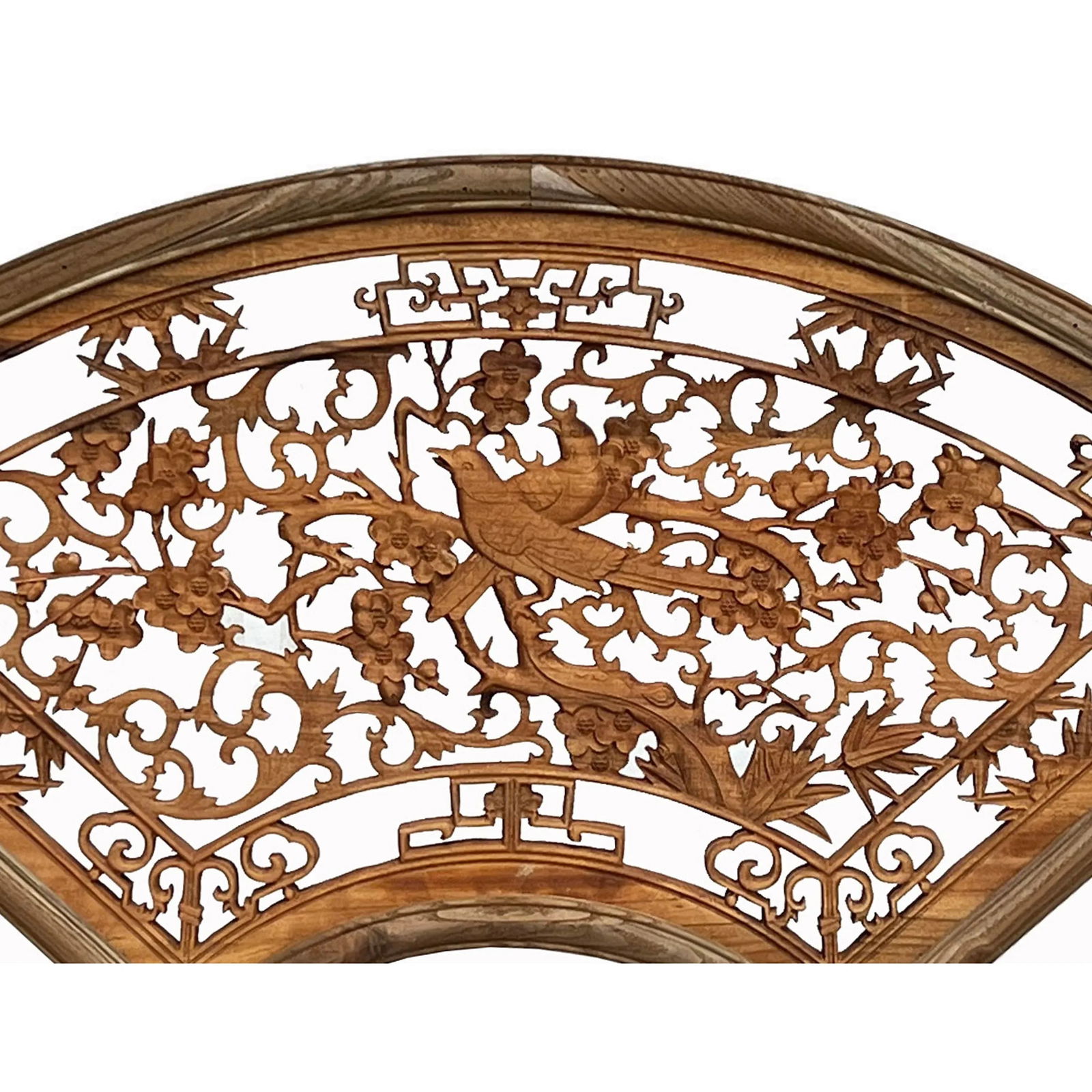 Chinese Fan Shape Birds Flowers Wood Wall Hanging Panel - 5