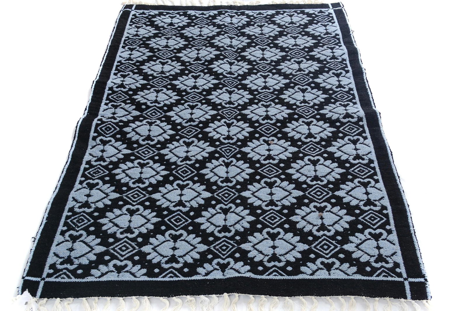 1990s Double-Sided Arya Black/Blue Chenille Rug - 3'9" X 5'10" - 5