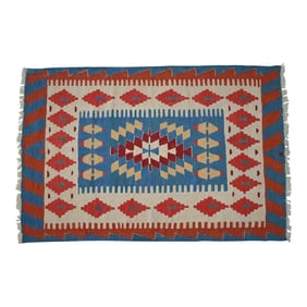 Vintage Turkish Kilim Rug – Handwoven Flat Weave Boho Farmhouse Decor – Mid-Century