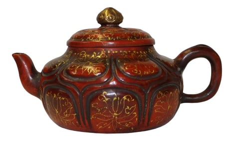Chinese Zisha Clay Brown Golden Scenery Teapot Display