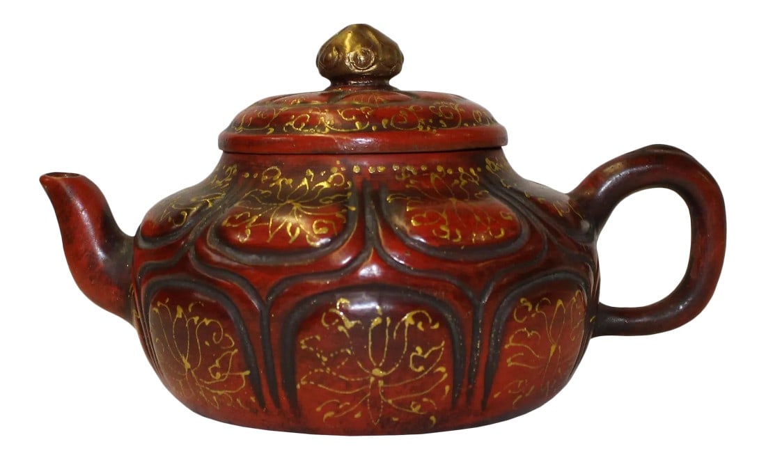 Chinese Zisha Clay Brown Golden Scenery Teapot Display: This is an art work display of oriental Chinese teapot which is made of Zisha clay and hand painted with golden color ancient Chinese scenery. For display and collectible purpose, not for household us