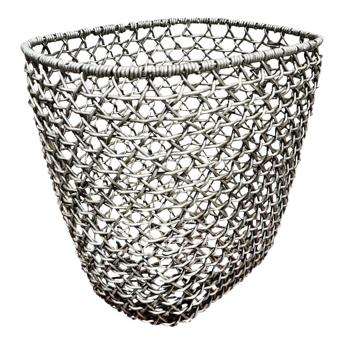 1970s Wire Basket Woven Aluminum Modern Waste Basket Container: AMBIANIC presents: 1970s Wire Basket Woven Aluminum Modern Waste Basket Container Vintage Aluminum Unmarked Original vintage preowned unrestored condition. Presents firm and sturdy. 12.75 H x 13.25 W