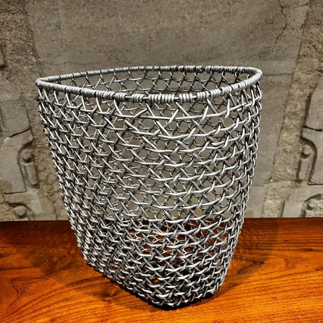 1970s Wire Basket Woven Aluminum Modern Waste Basket Container - 4
