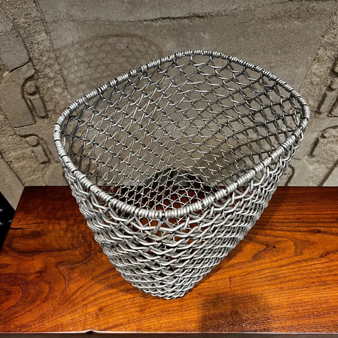 1970s Wire Basket Woven Aluminum Modern Waste Basket Container - 5
