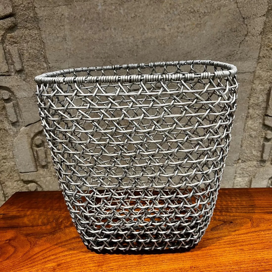 1970s Wire Basket Woven Aluminum Modern Waste Basket Container - 8