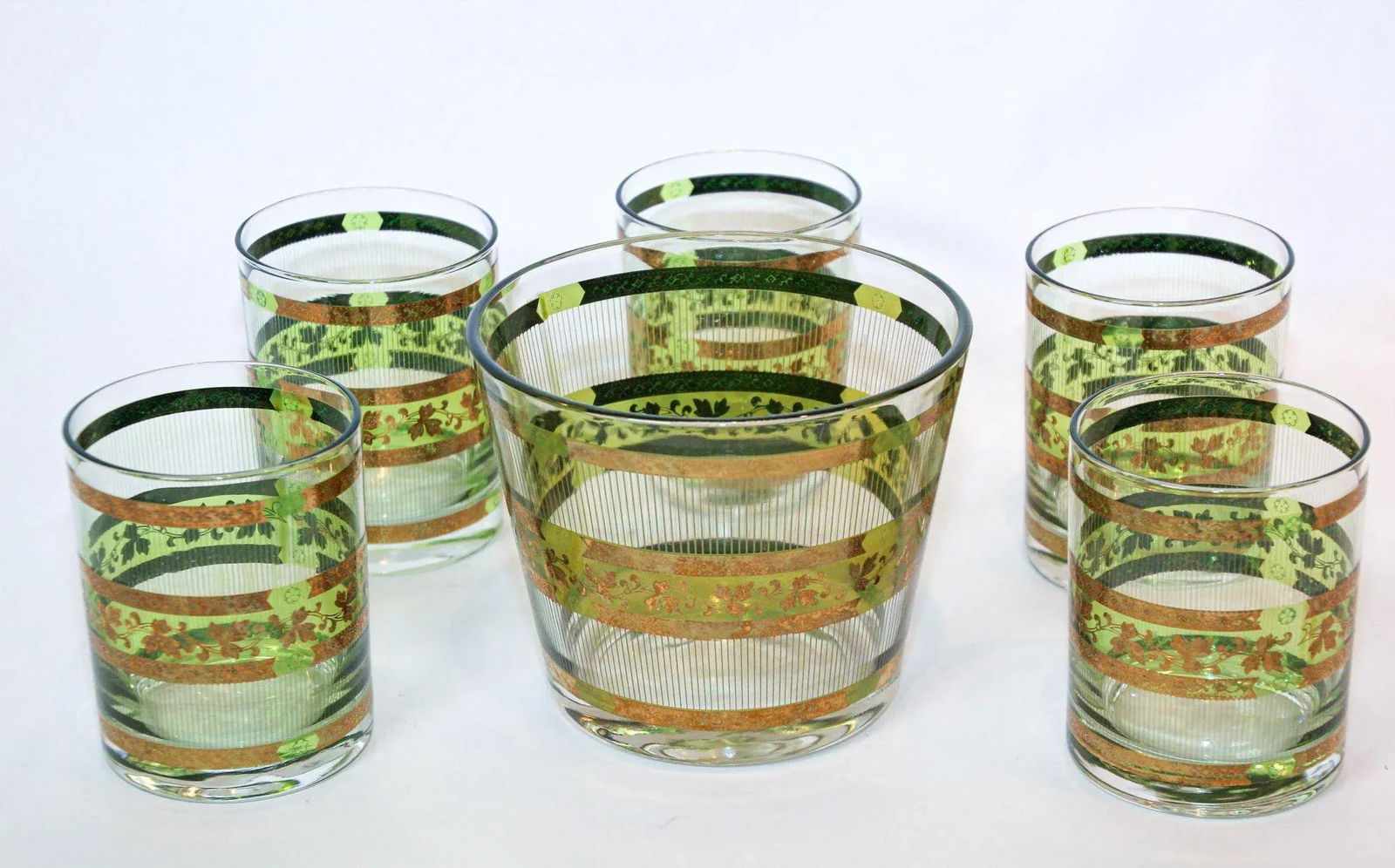 Vintage Green and Gold Rock Glasses With Ice Bucket 6 Pieces Barware Cocktail Set - 13